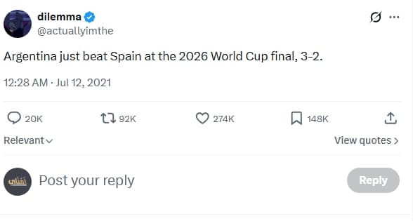 تغريدة مسافر عبر الزمن نهائي كأس العالم 2026